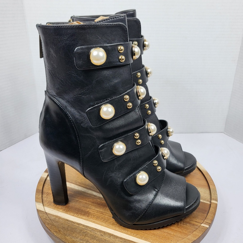 Karl Lagerfeld Brayden Bootie Womens 9.5 Black Leather Pearl Stud Excellent